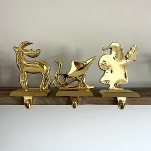 Brass Reindeer, Sleigh, and Santa Stocking Hooks